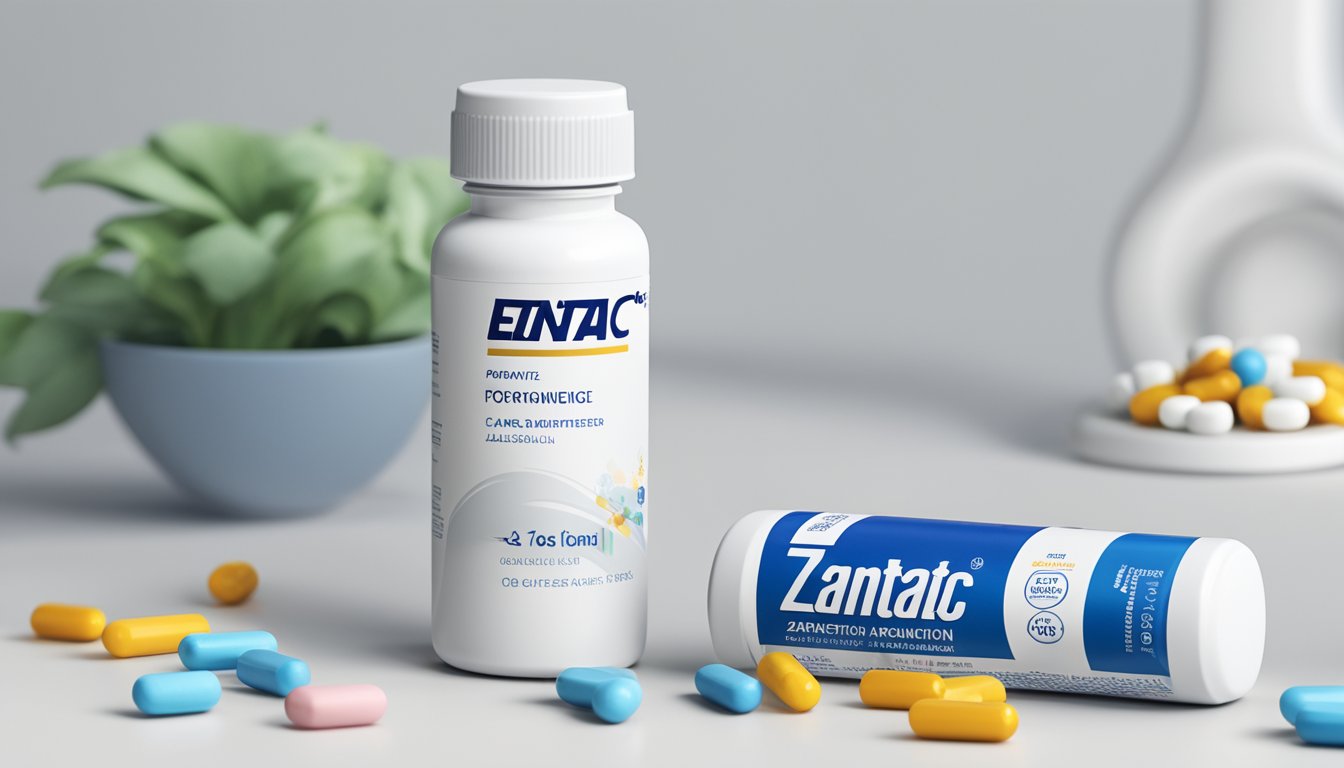 A bottle of Zantac 150 sits on a clean, white countertop, surrounded by a few scattered pills. The label is clear and easy to read, with the iconic Zantac branding prominently displayed