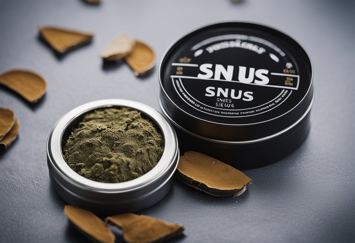 A tin of snus sits open, emitting a strong aroma. The user's face appears relaxed, with a slight smile, as they enjoy the effects of the tobacco product