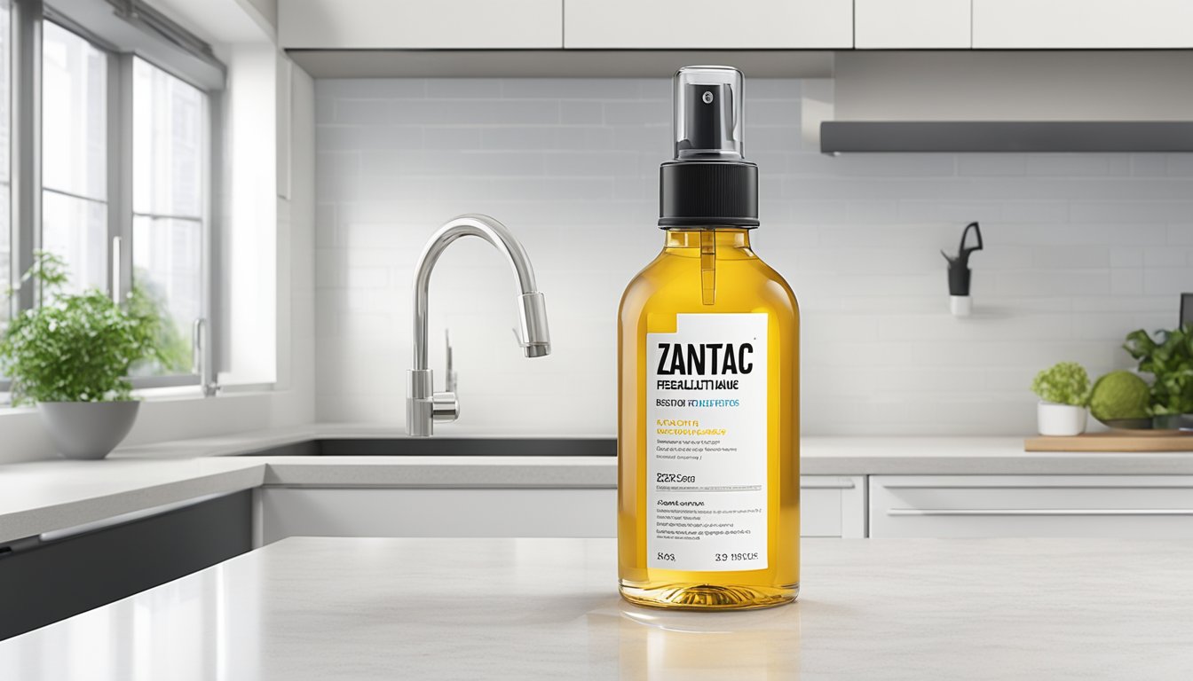 A bottle of Zantac 150 sits on a clean, white countertop with a computer nearby showing a webpage with the title "Frequently Asked Questions zantac 150 buy online."