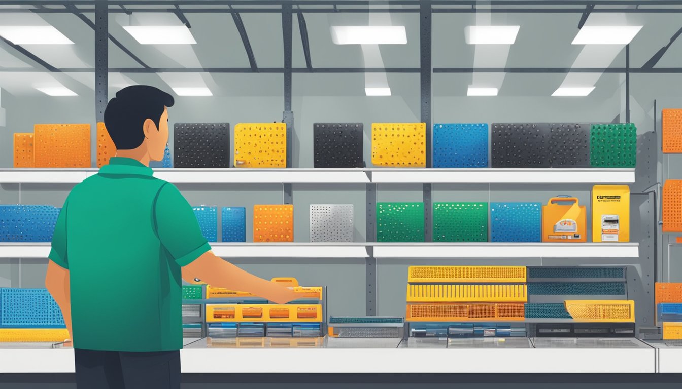 A person purchasing pegboard in a hardware store in Singapore