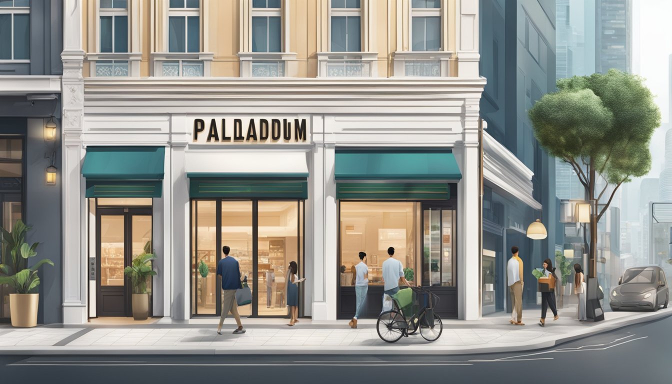 A bustling city street with a prominent sign reading "buy palladium singapore" above a sleek and modern storefront