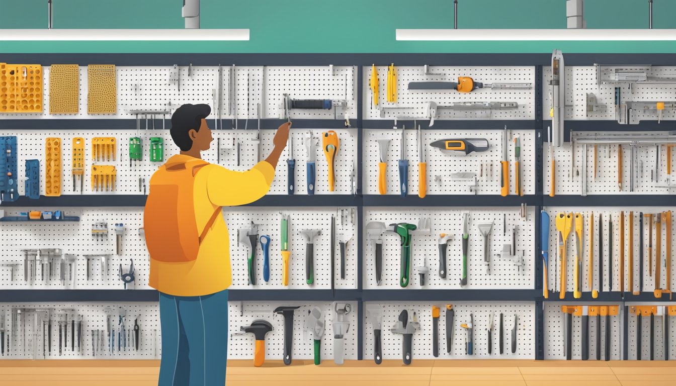 A person selects a pegboard from a variety of options at a hardware store