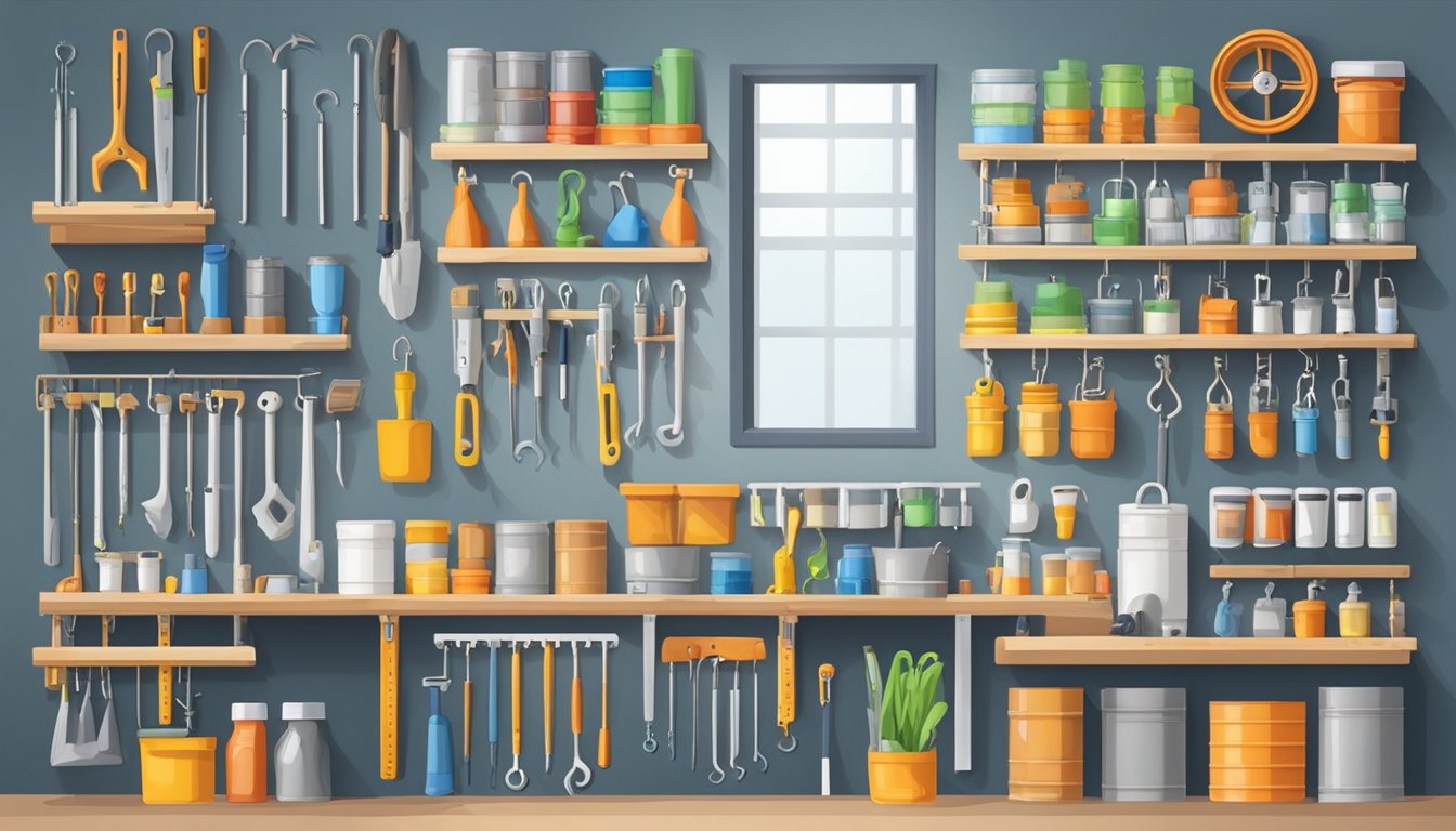 Various hooks, shelves, and containers hang from a pegboard, organizing tools and supplies. The pegboard is mounted on a wall in a well-lit workshop