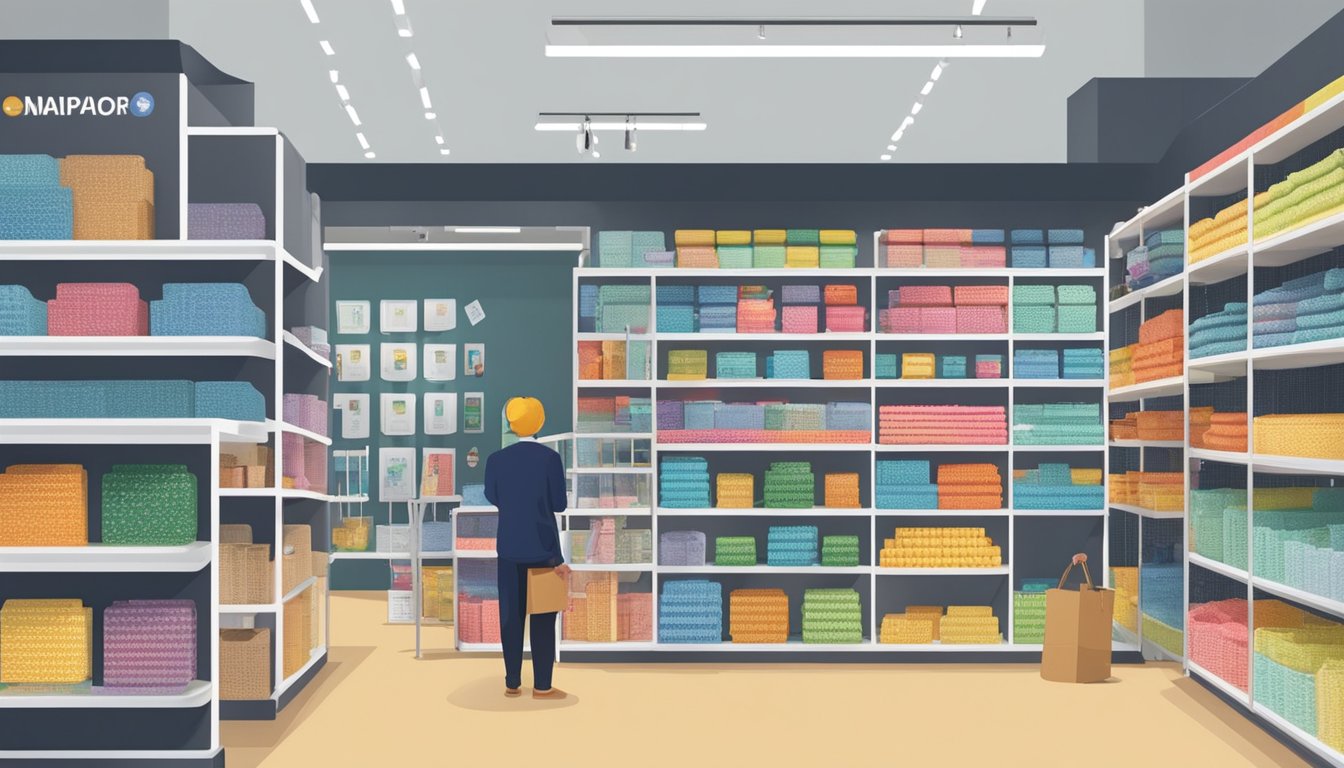 A customer browsing pegboard options at a Singapore store, with various sizes and colors displayed on shelves