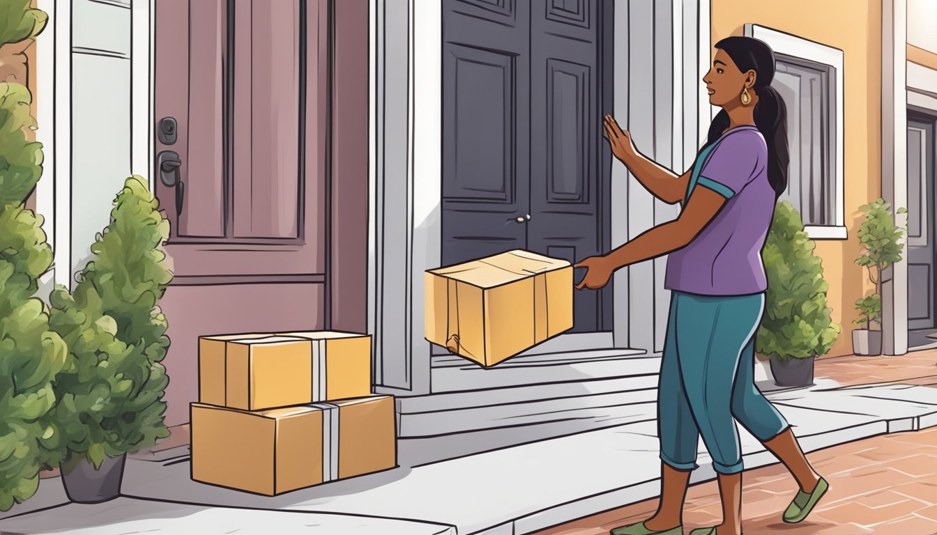 A hand reaches for a Tamil novel online. A delivery person drops off the package at the doorstep
