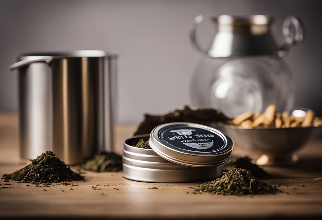 A tin of snus sits on a table, next to a spitoon. The room is dimly lit, with tobacco leaves scattered around
