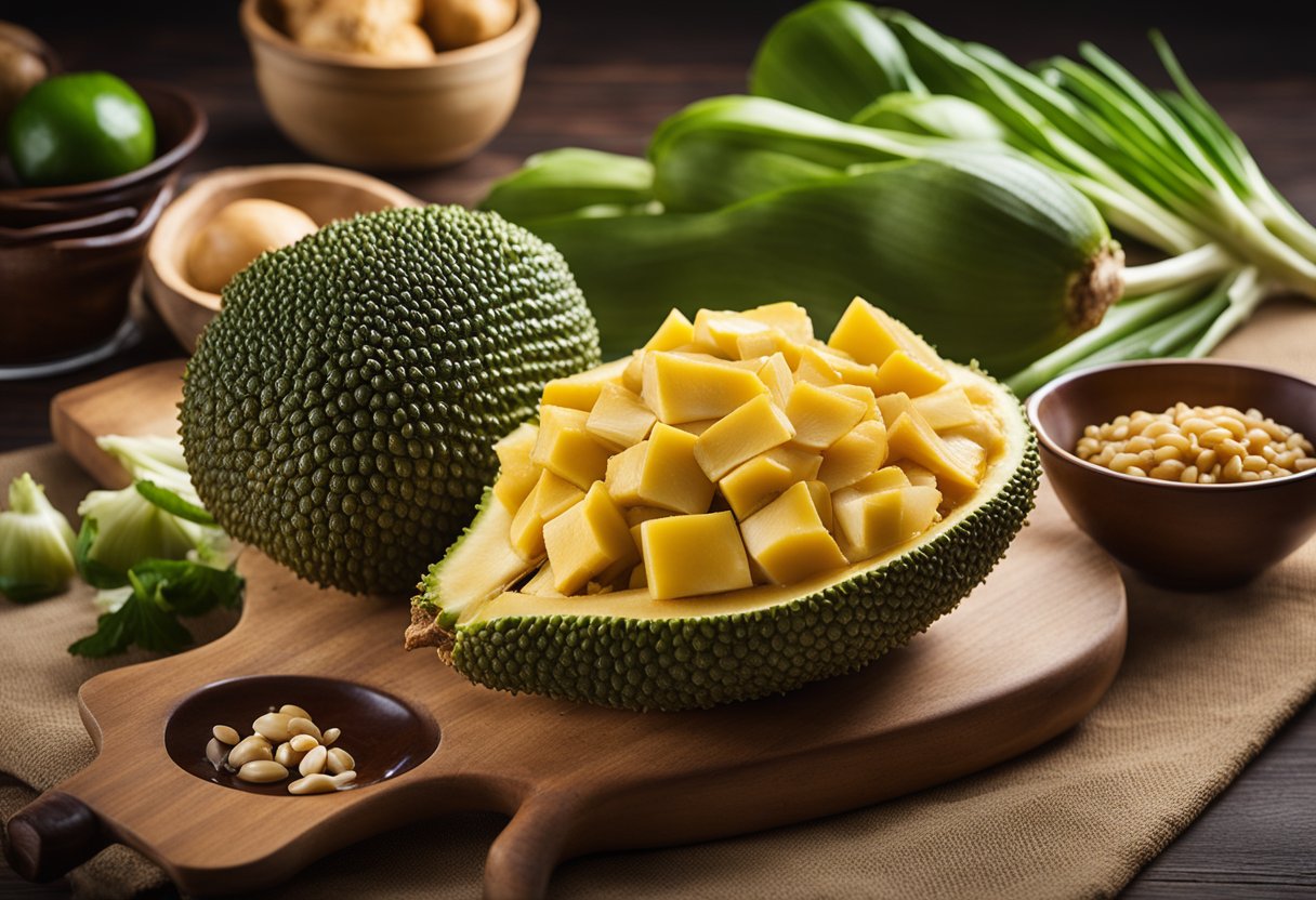 A large jackfruit sits on a wooden cutting board surrounded by various Chinese cooking ingredients like soy sauce, ginger, garlic, and green onions