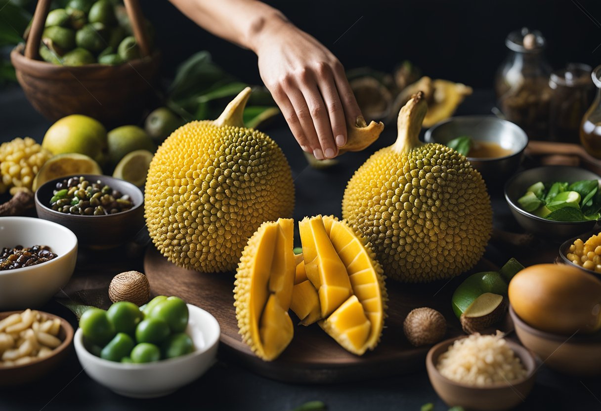 A hand reaching for a ripe jackfruit, surrounded by various Chinese cooking ingredients and utensils