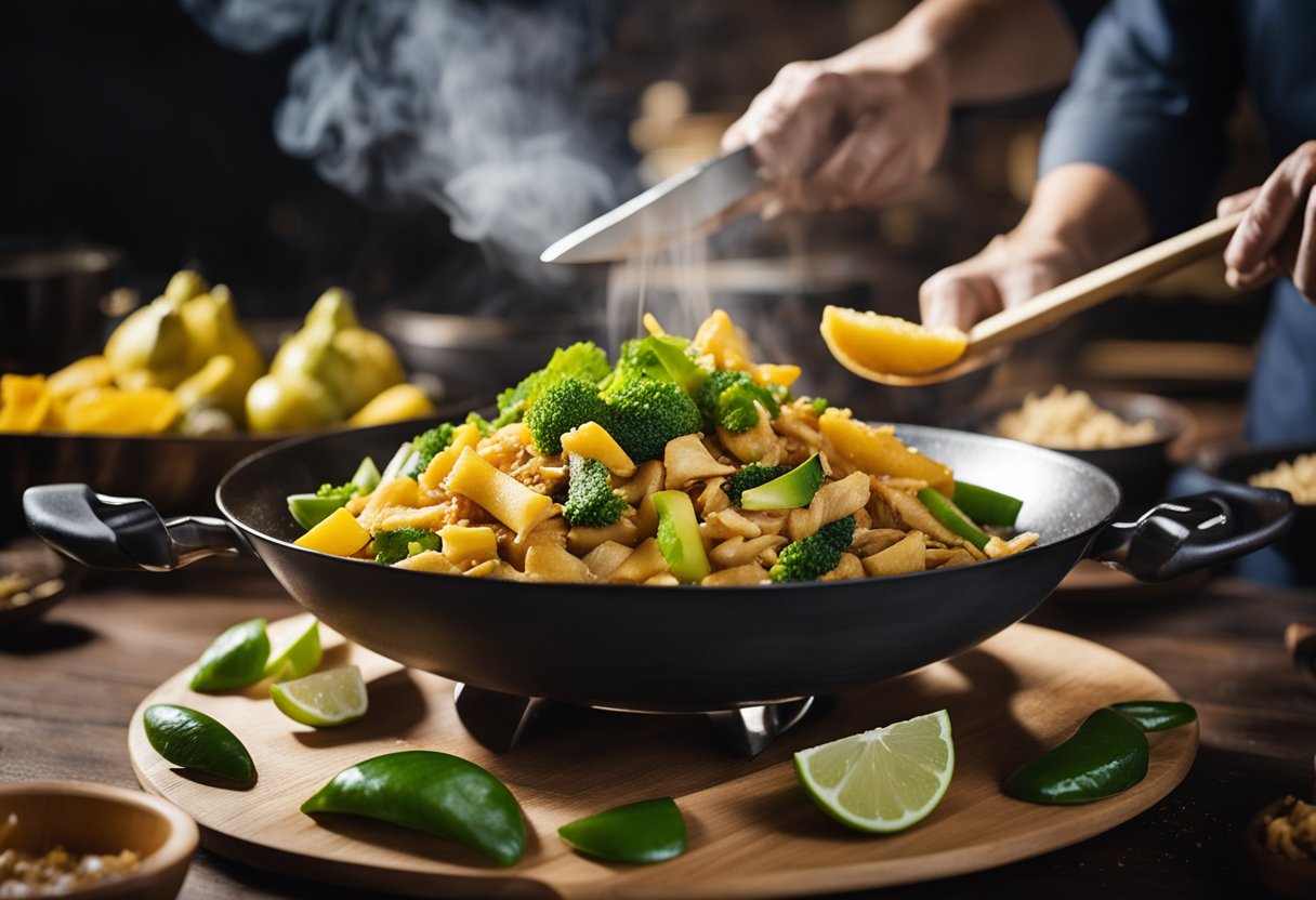 A wok sizzles with stir-fried jackfruit and Chinese seasonings. A chef's knife slices the fruit into strips. Steam rises as the dish cooks