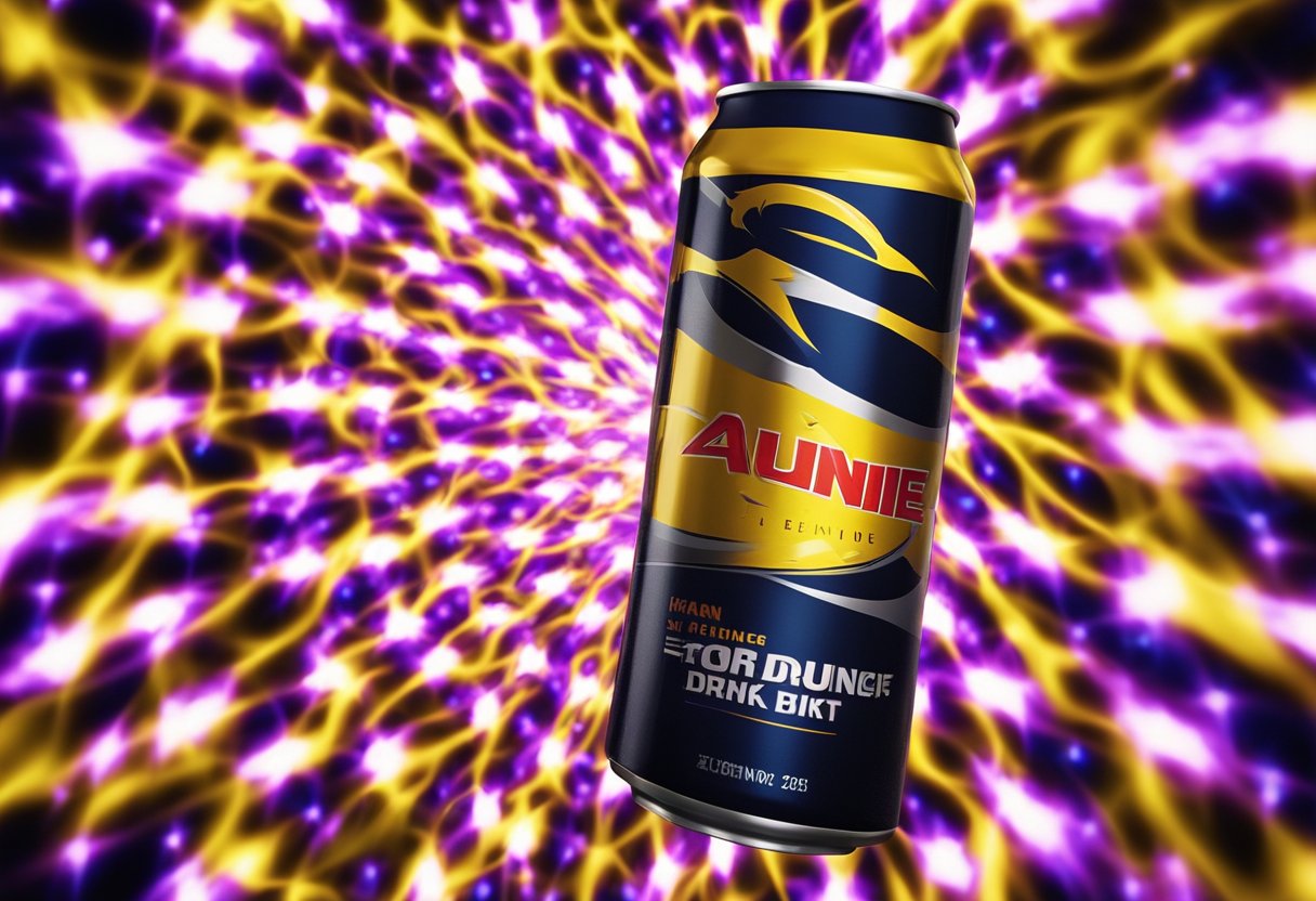 A can of energy drink with taurine, surrounded by vibrant, electrifying energy waves, and a burst of energy emanating from the can