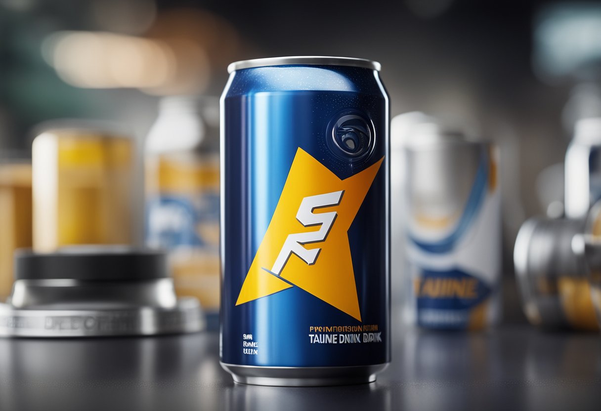 A can of energy drink with the word "Taurine" prominently displayed on the label, surrounded by other ingredients such as caffeine and vitamins