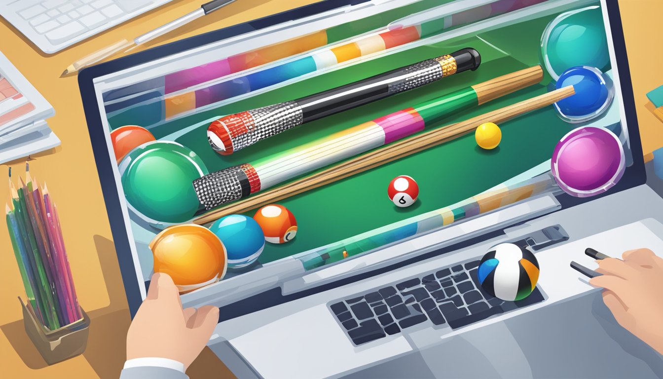 A computer screen displaying a website with various pool cues for sale. A cursor hovers over the "Add to Cart" button