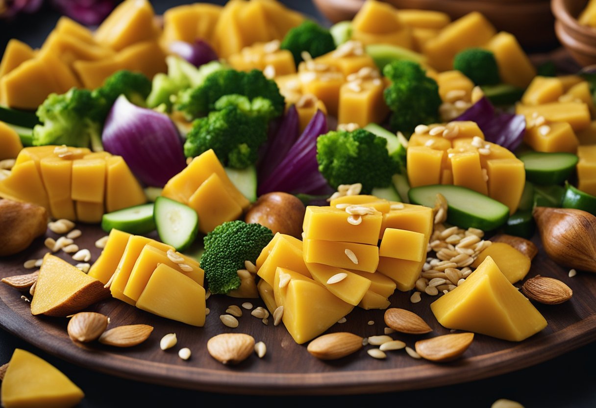 A platter of golden brown jackfruit pieces arranged with colorful vegetables and garnished with sesame seeds, ready to be served