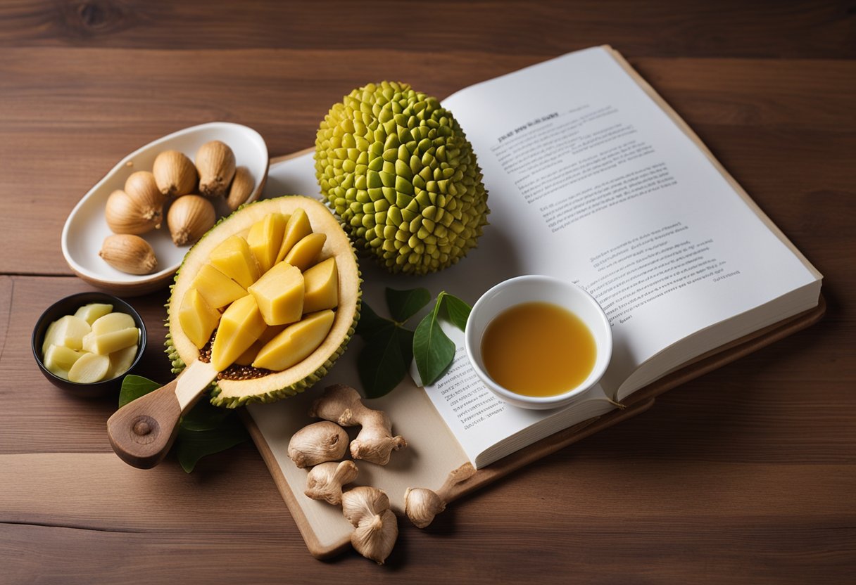 A colorful spread of fresh jackfruit, along with various Chinese ingredients like soy sauce, ginger, and garlic, arranged on a wooden cutting board with a recipe book open to a page with detailed nutrition and dietary information