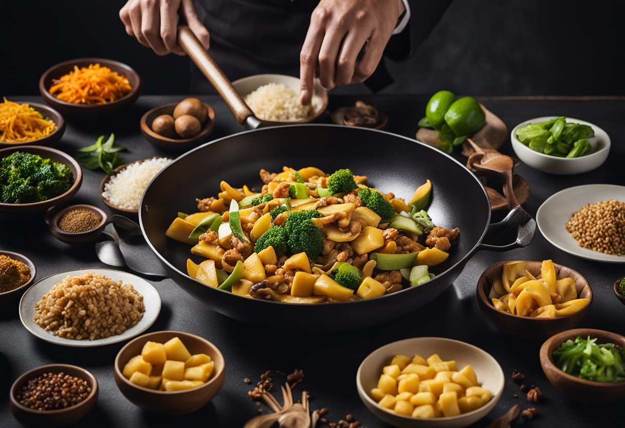 A table with various ingredients and cooking utensils, a wok sizzling with jackfruit stir-fry, a chef's hand adding spices