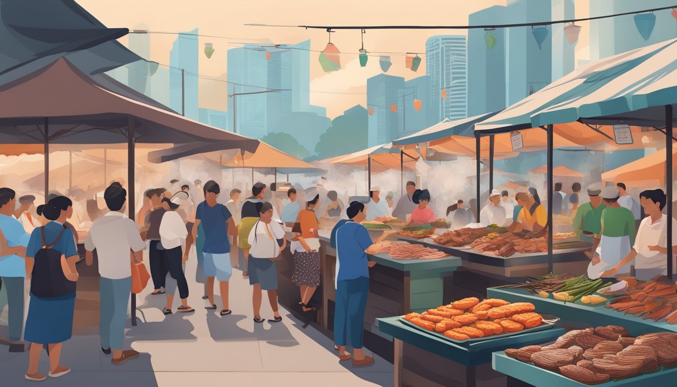 A bustling outdoor market in Singapore, with a smoky BBQ pit surrounded by eager customers buying delicious grilled meats and seafood