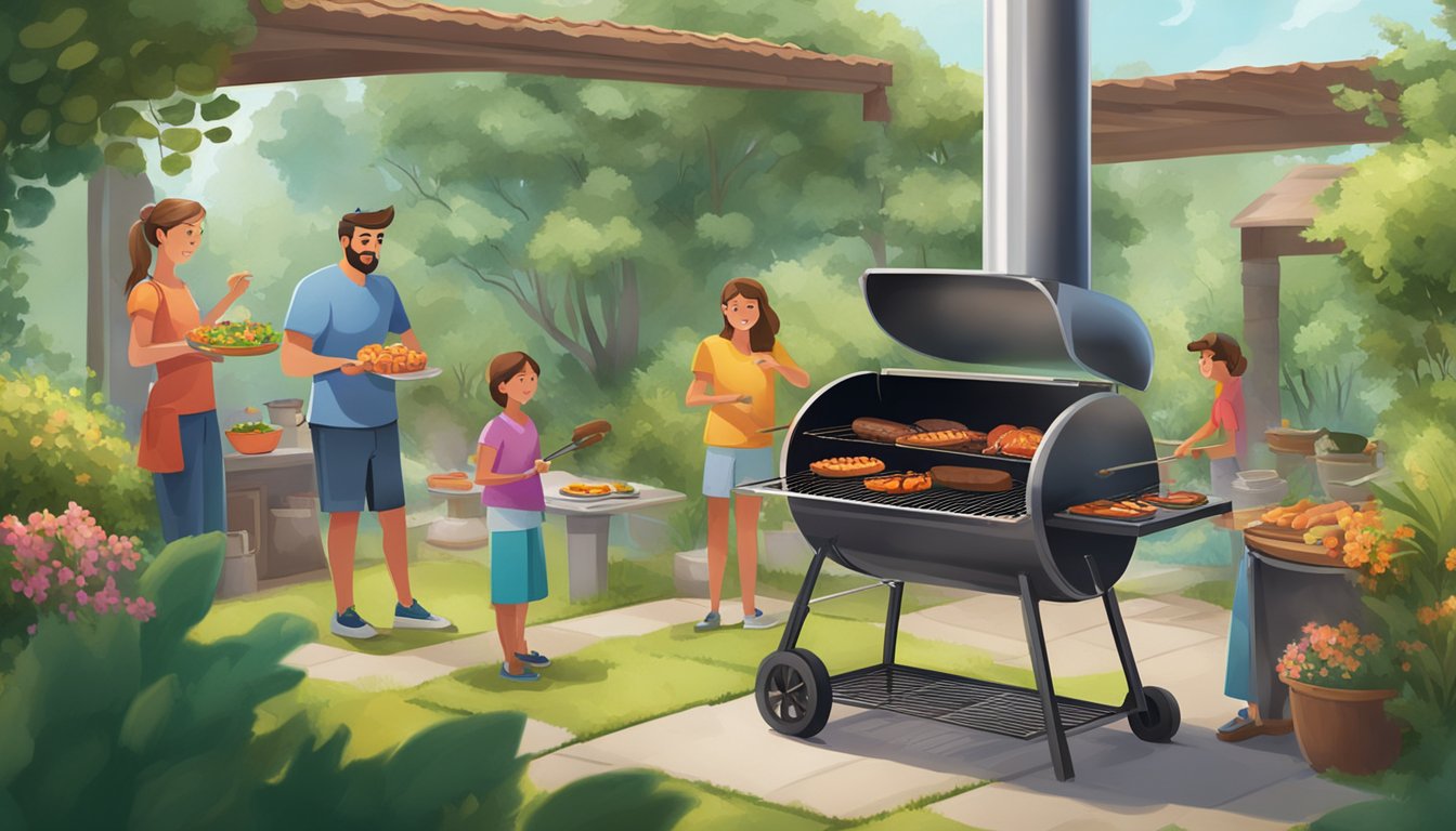 A family gathers around a stainless steel BBQ pit, surrounded by lush greenery. Smoke billows from the grill as they prepare to cook a feast