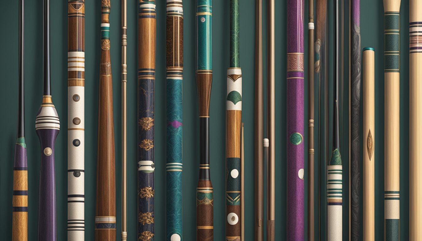 A pool cue rests on a velvet-lined display stand, surrounded by other cues of various designs. The room is dimly lit, with spotlights highlighting the cues' intricate details