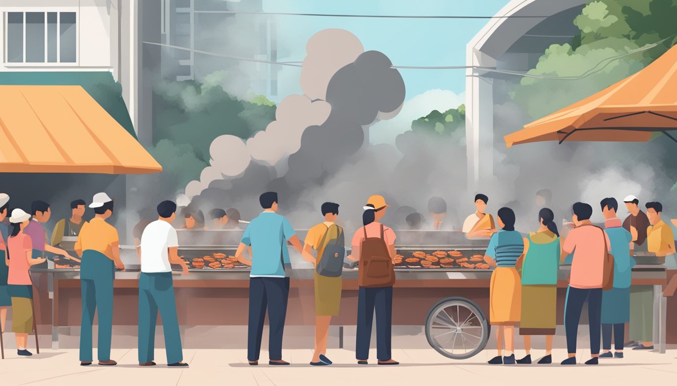 A bustling BBQ pit in Singapore, with smoke billowing from the grills as customers line up to buy their favorite grilled meats