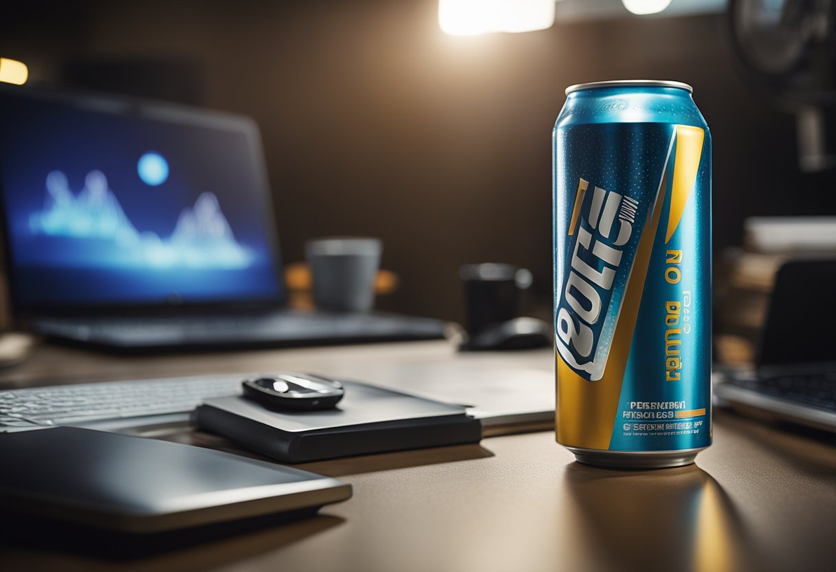 An open energy drink can sits on a table, surrounded by scattered papers and a computer. The room is dimly lit, with a sense of urgency in the air