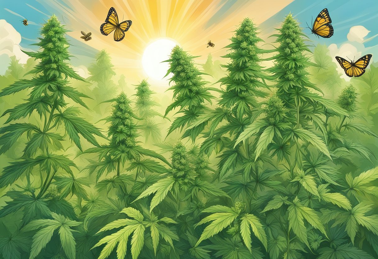 Lush green cannabis plants bathed in sunlight, with vibrant leaves and thick, resinous buds. Bees and butterflies flit around, highlighting the plant's role in supporting biodiversity