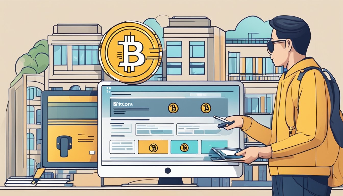A person in Singapore enters a secure website, selects the amount of Bitcoin to purchase, and completes the transaction using a local payment method