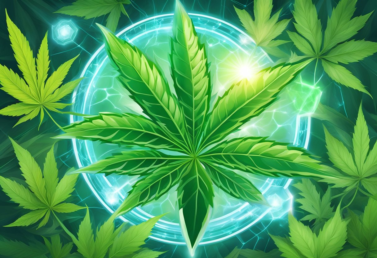 Bright green cannabis leaves surrounded by a glowing aura, radiating a protective energy. A shield of light envelops the leaves, symbolizing their neuroprotective benefits