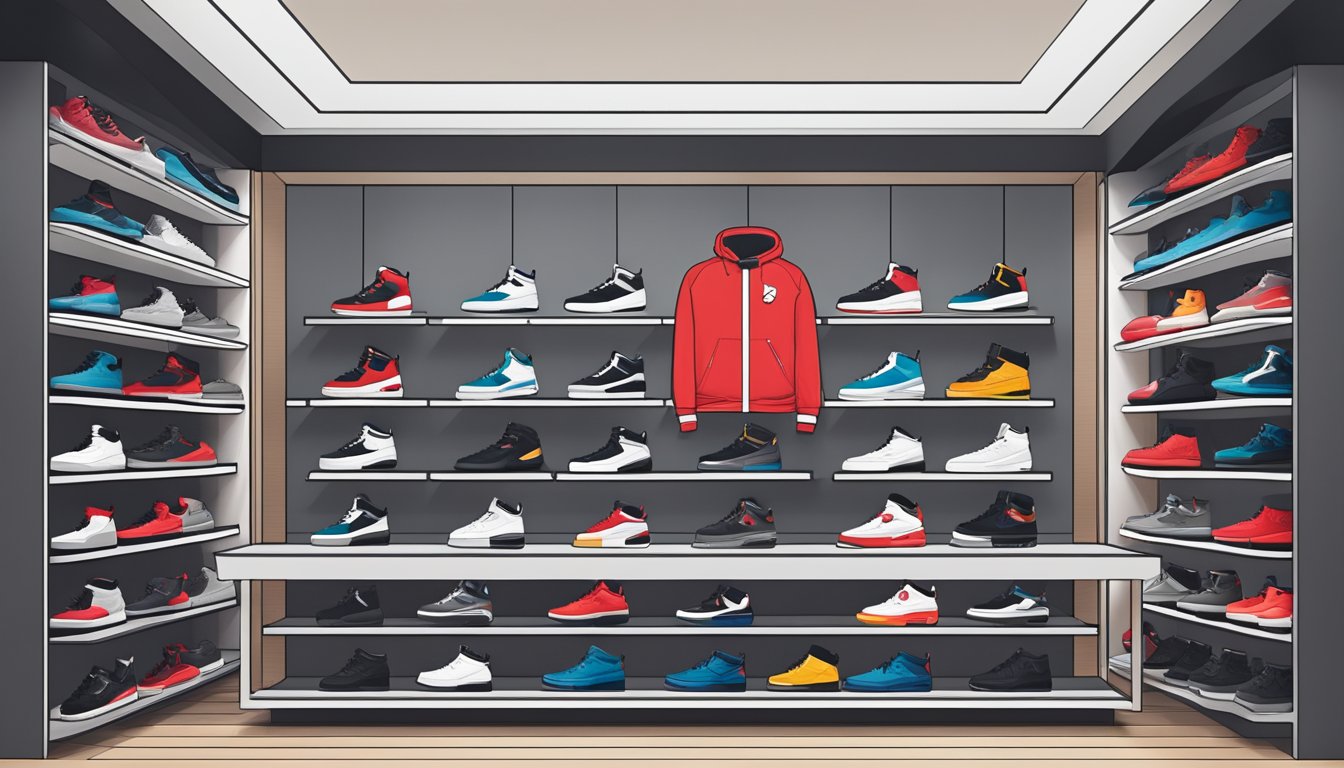 A display of Air Jordans in a sleek, modern sneaker store in Singapore, with the iconic logo and stylish designs on prominent shelves