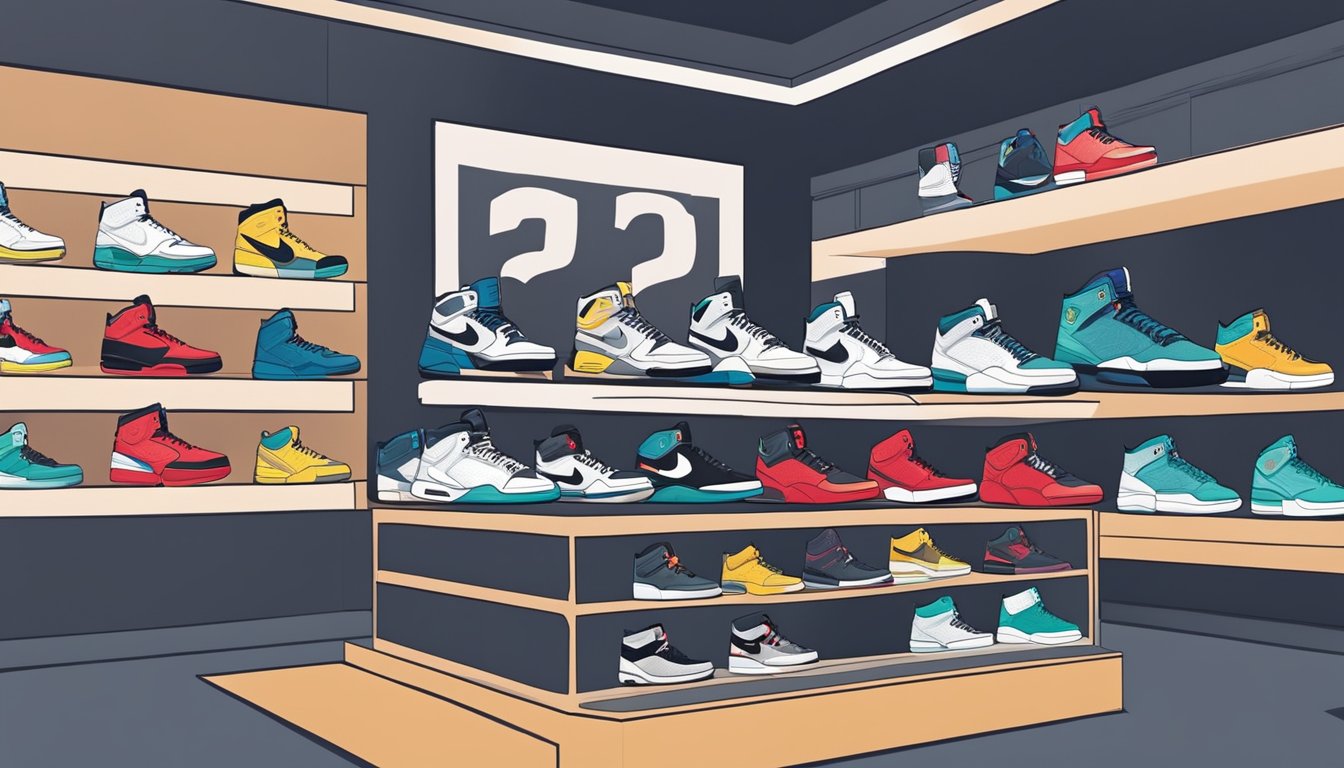 A display of Air Jordan sneakers in a Singapore store, with a sign reading "Frequently Asked Questions: Where to buy Air Jordan in Singapore."