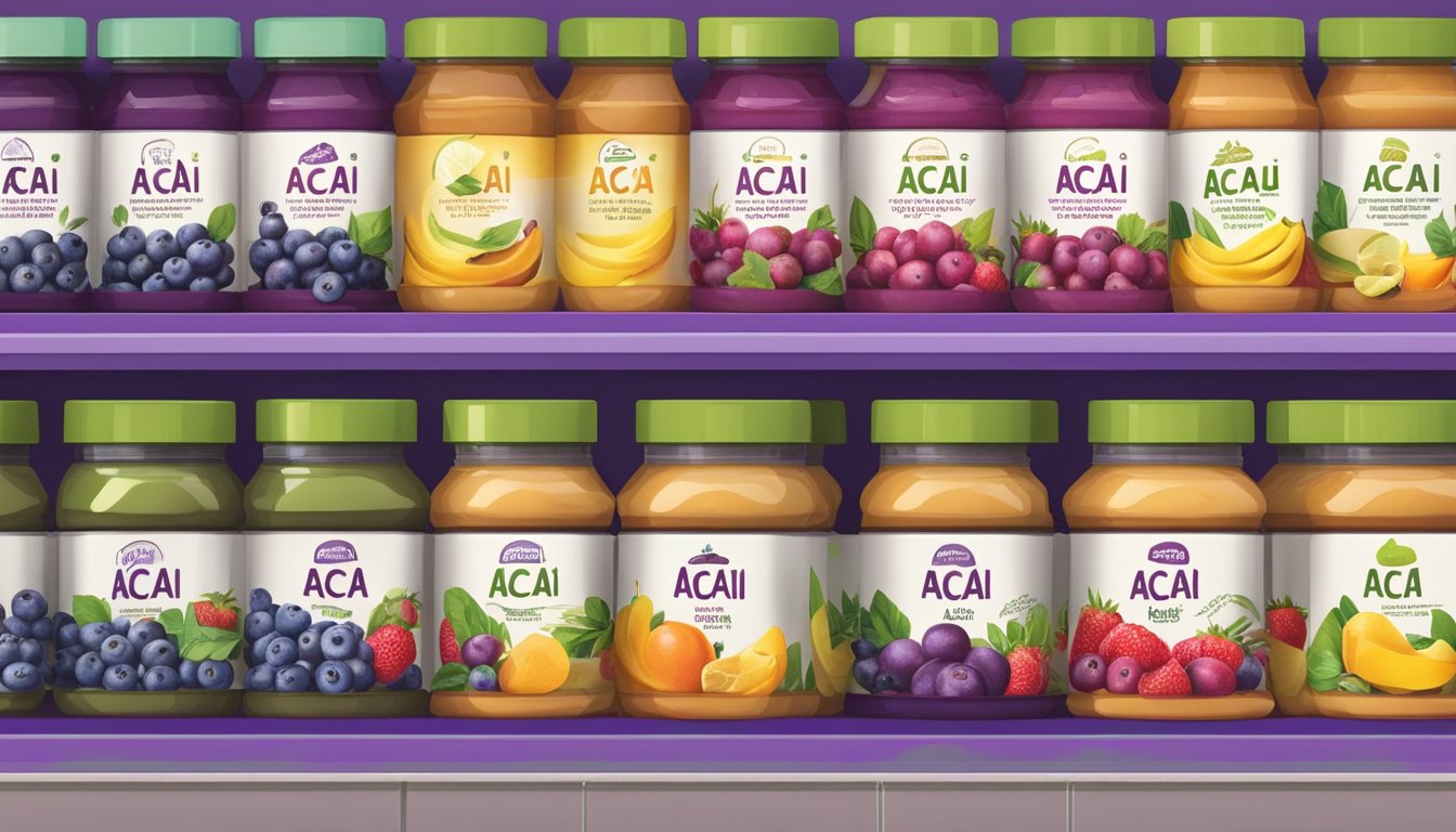 Acai puree displayed on shelves in a Singaporean grocery store. Brightly colored packaging with clear labeling. Fresh fruit and health food section