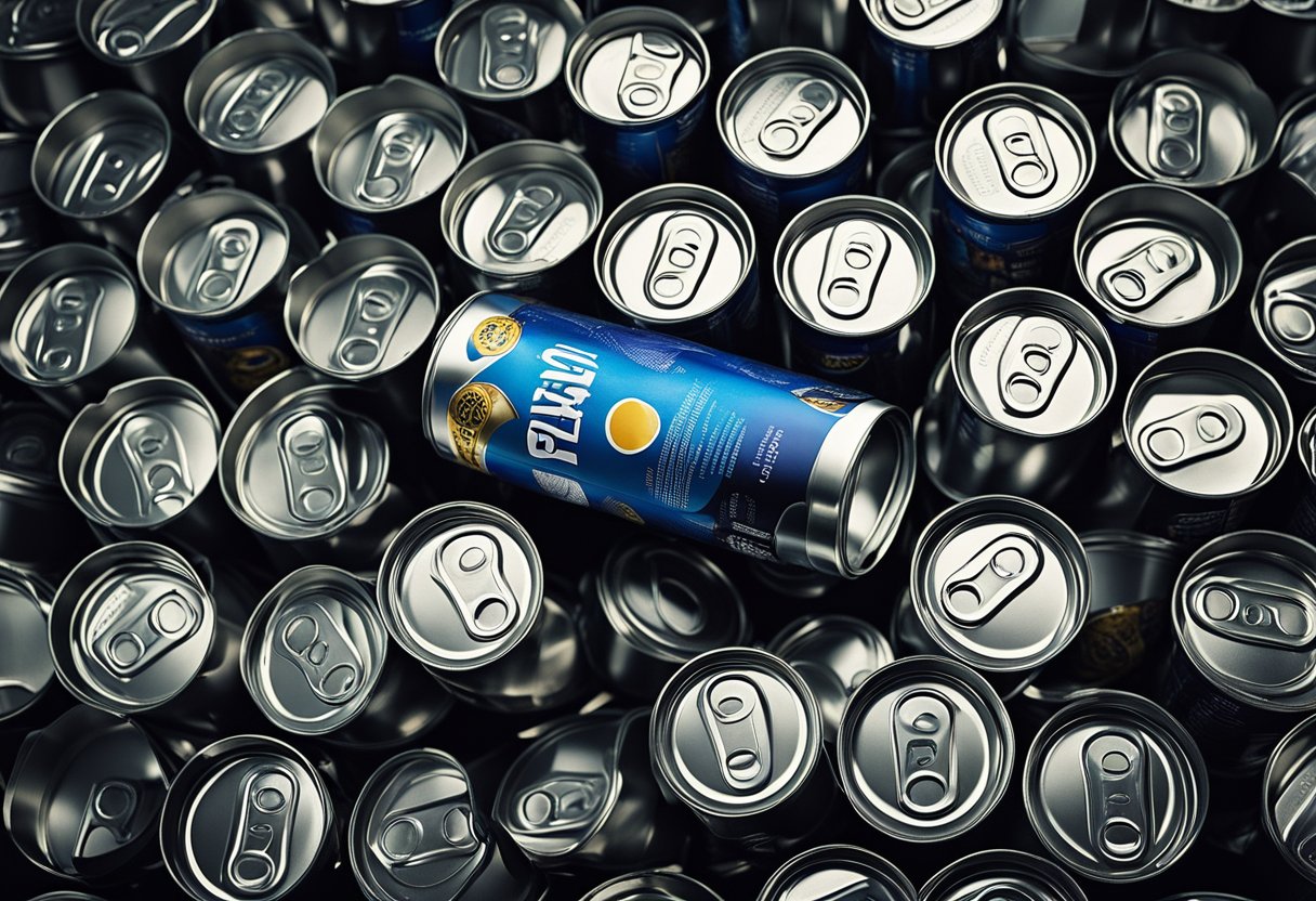 An open energy drink can surrounded by scattered empty cans, with a person slumped over a desk, appearing exhausted and fatigued