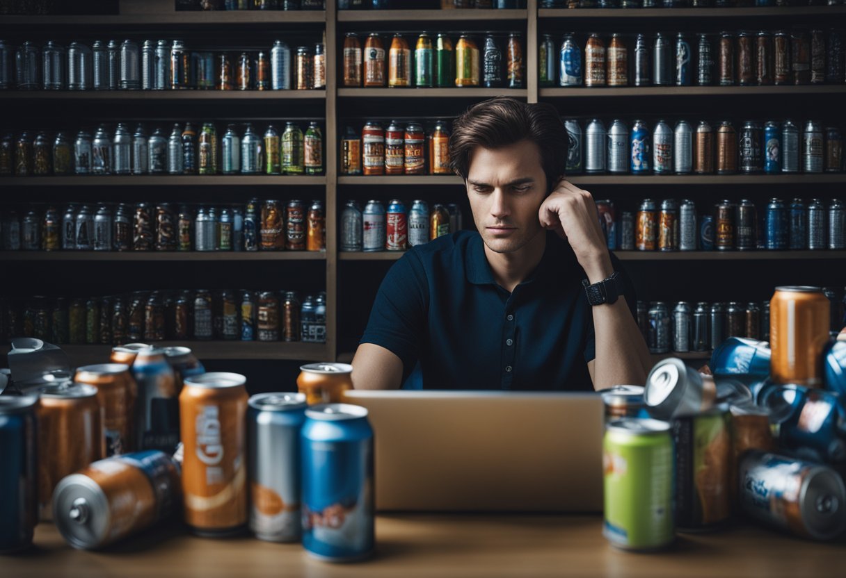 A person sitting at a desk surrounded by empty energy drink cans, looking fatigued and struggling to stay awake