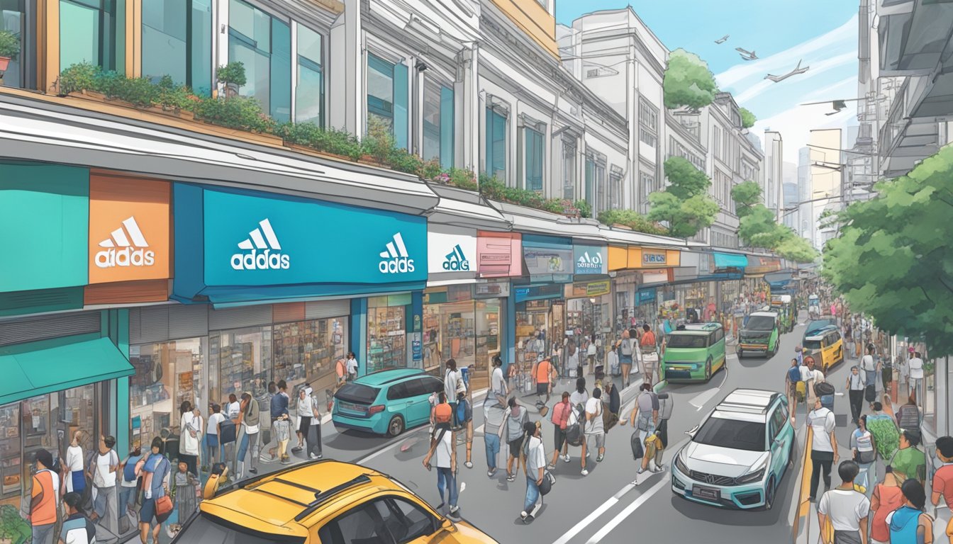 A bustling street in Singapore, with a prominent Adidas store displaying the sought-after NMD sneakers in the window