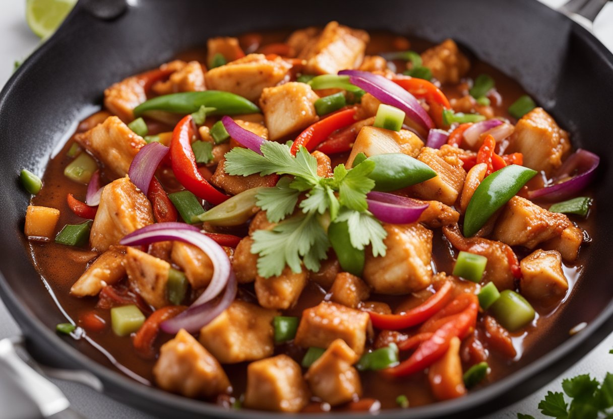 A wok sizzles with diced chicken, red peppers, and onions, simmering in a rich, spicy chili-infused gravy. Green garnishes add a pop of color