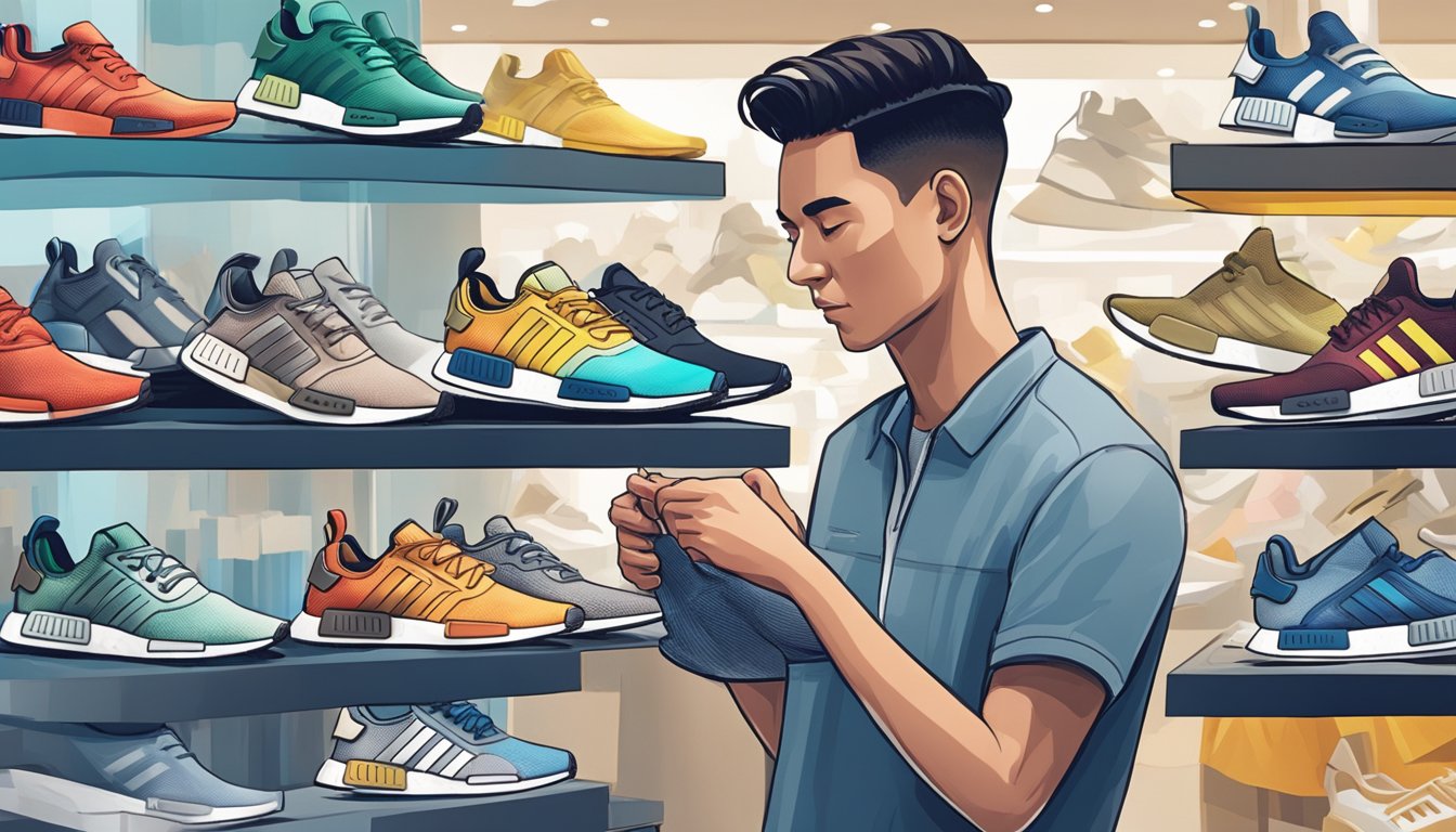 A customer carefully examines different Adidas NMD models on display in a Singapore shoe store