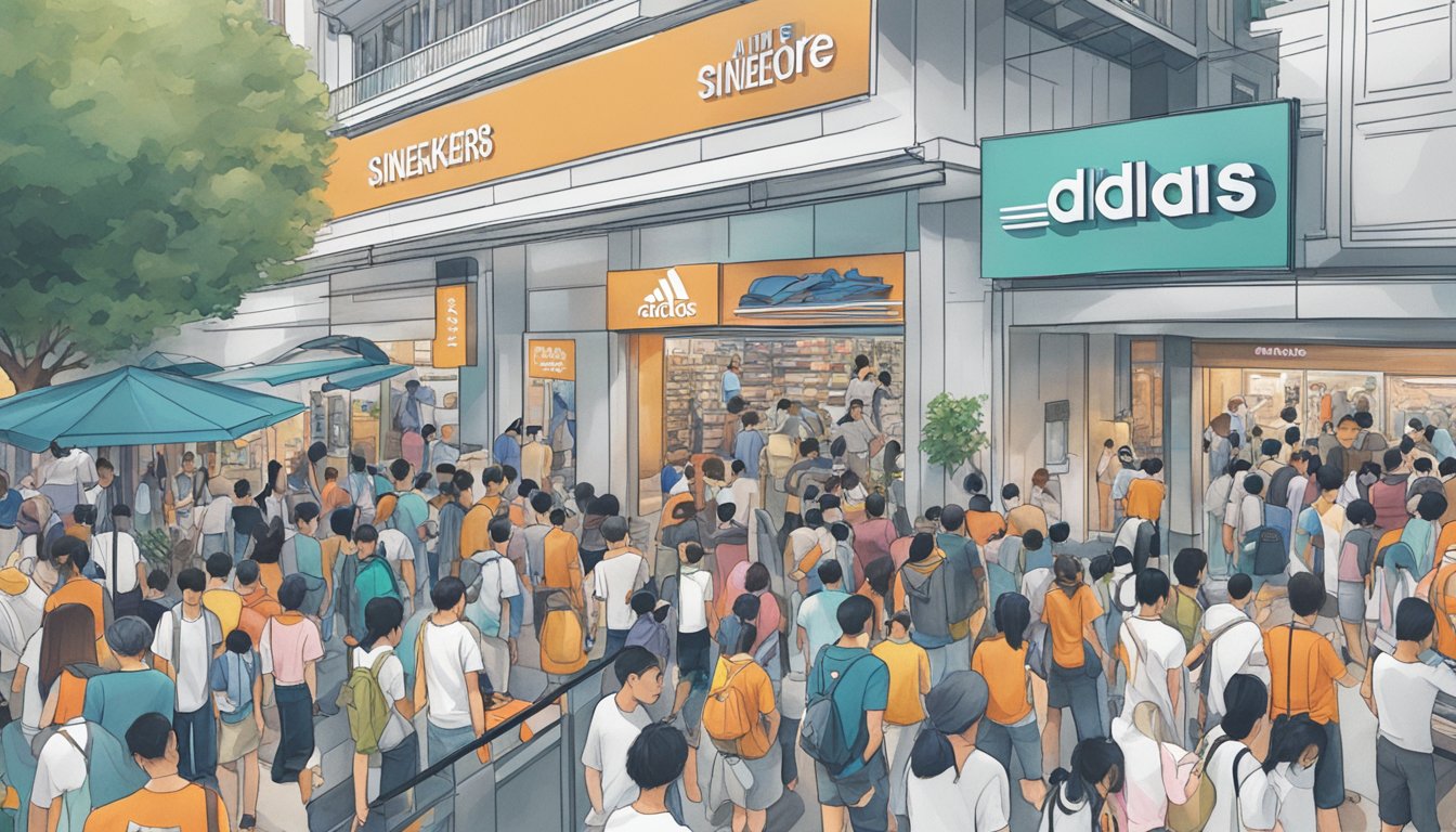 A crowded street in Singapore, with a prominent adidas store sign and people searching for NMD sneakers