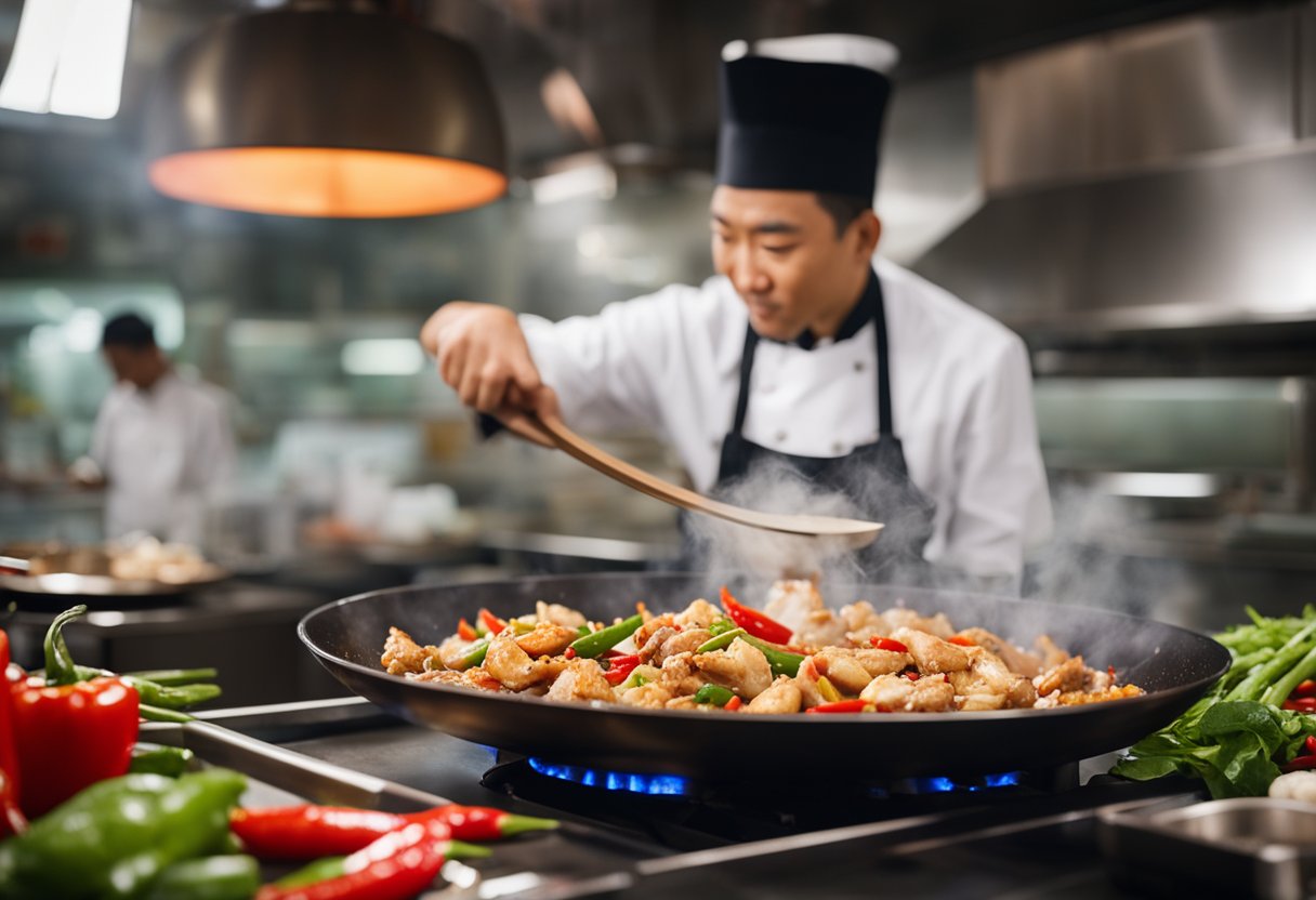A wok sizzles with diced chicken, red chillies, and aromatic spices, creating a mouth-watering aroma in a bustling Chinese kitchen