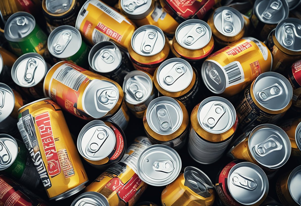 A pile of empty energy drink cans surrounded by warning labels and health advisories