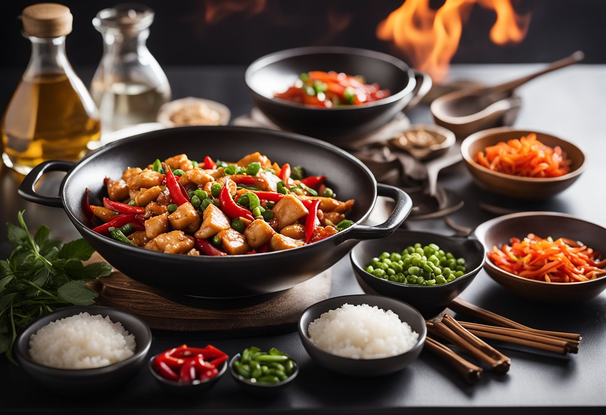 Sizzling wok with diced chicken, vibrant red chili peppers, and aromatic spices, surrounded by bowls of soy sauce, vinegar, and sugar