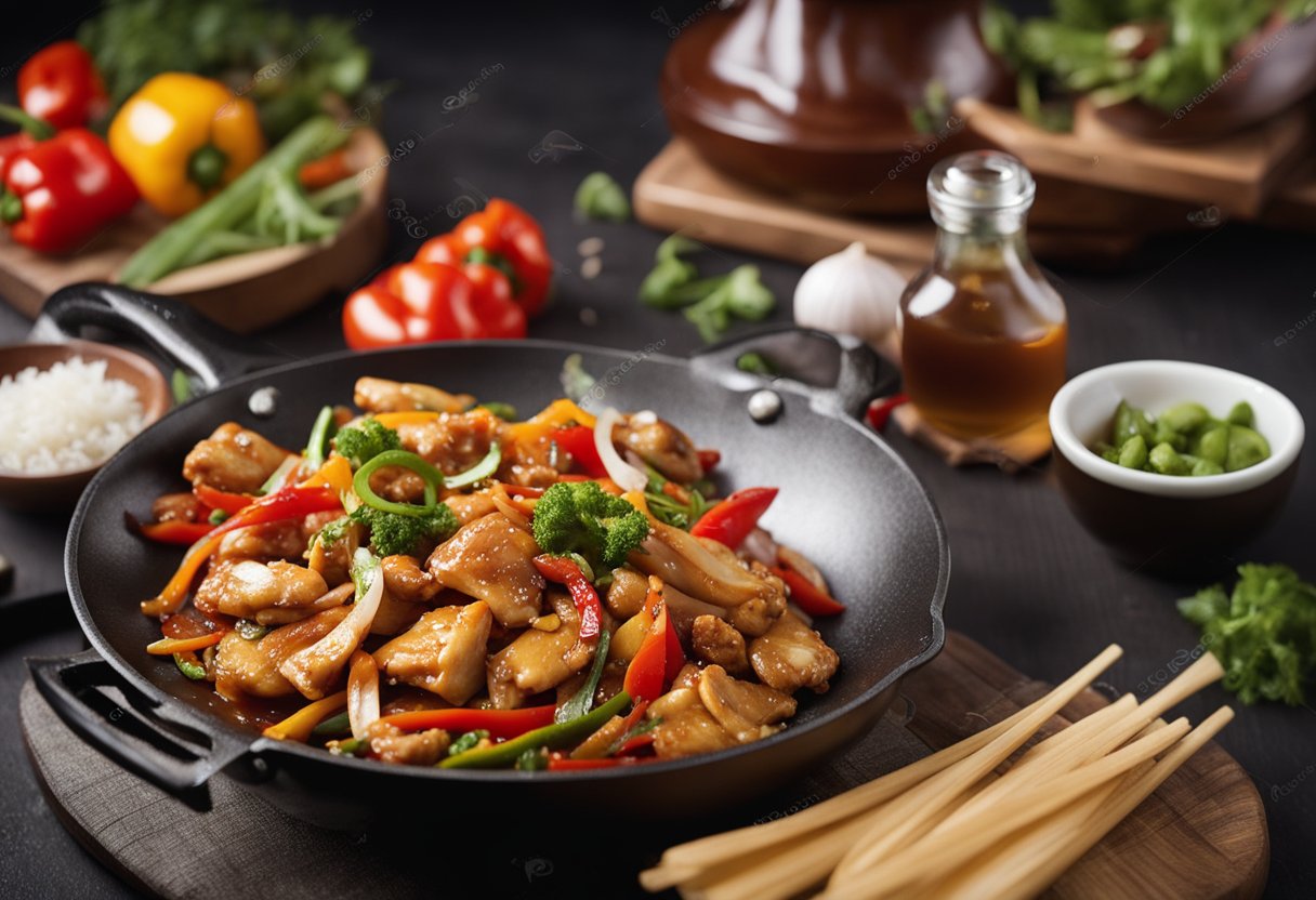A wok sizzles with marinated chicken, stir-fried with onions, bell peppers, and spicy chili sauce. Ingredients like soy sauce and vinegar sit nearby