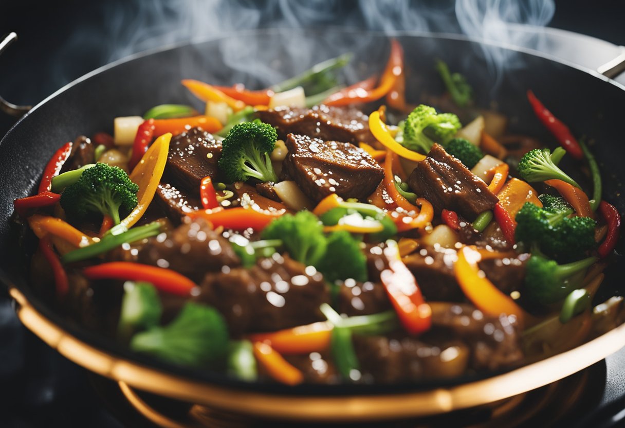 A wok sizzles with stir-fried beef, chili peppers, and vegetables in a savory sauce. Steam rises as the dish is skillfully tossed and cooked over high heat