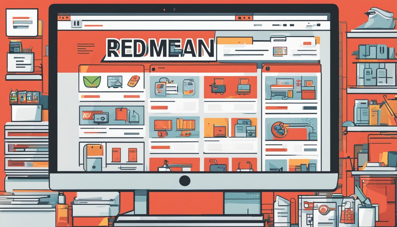 A computer screen displaying a website with the words "buy redman online" in bold red letters, surrounded by various product images and a "add to cart" button