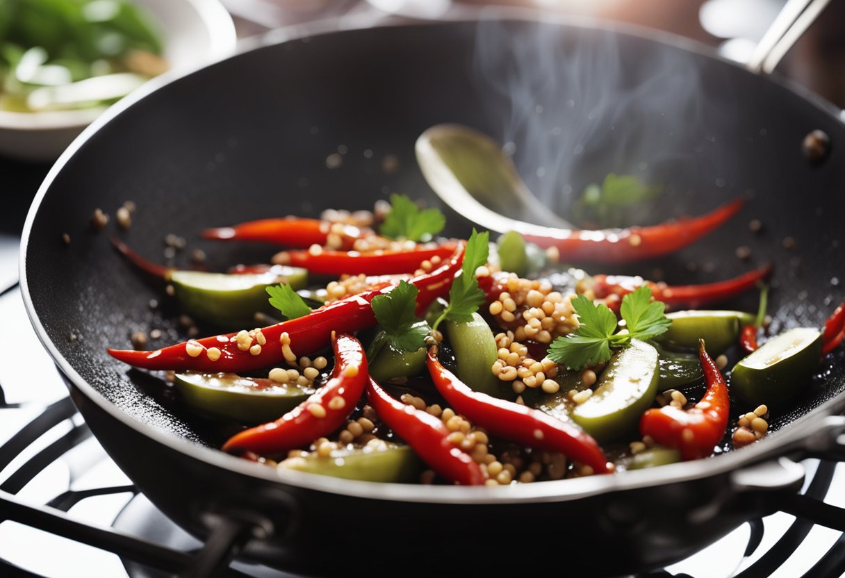 A wok sizzles as red chillies and garlic are sautéed in oil. Soy sauce and vinegar are added, creating a rich, aromatic gravy