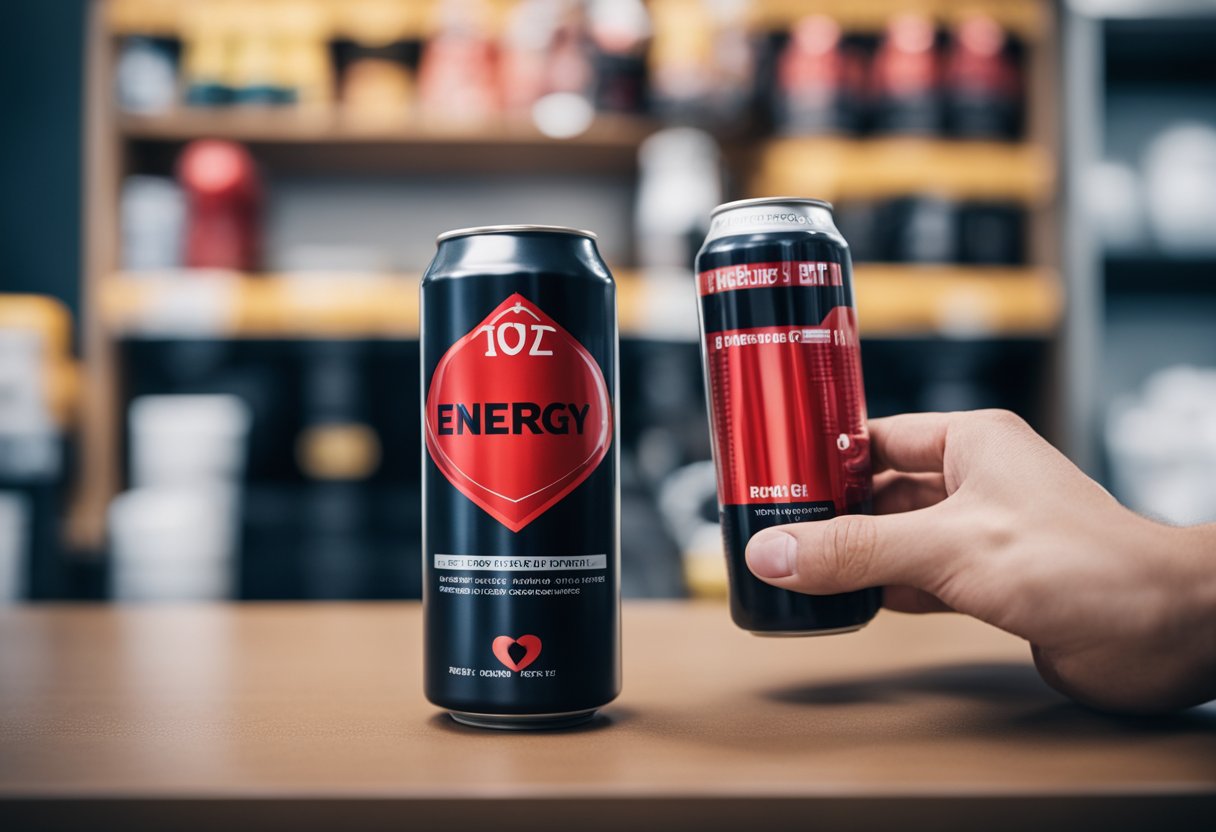 A person holding an energy drink with a red warning label. Nearby, a heart rate monitor shows a rapid increase in heart rate. A doctor looks concerned
