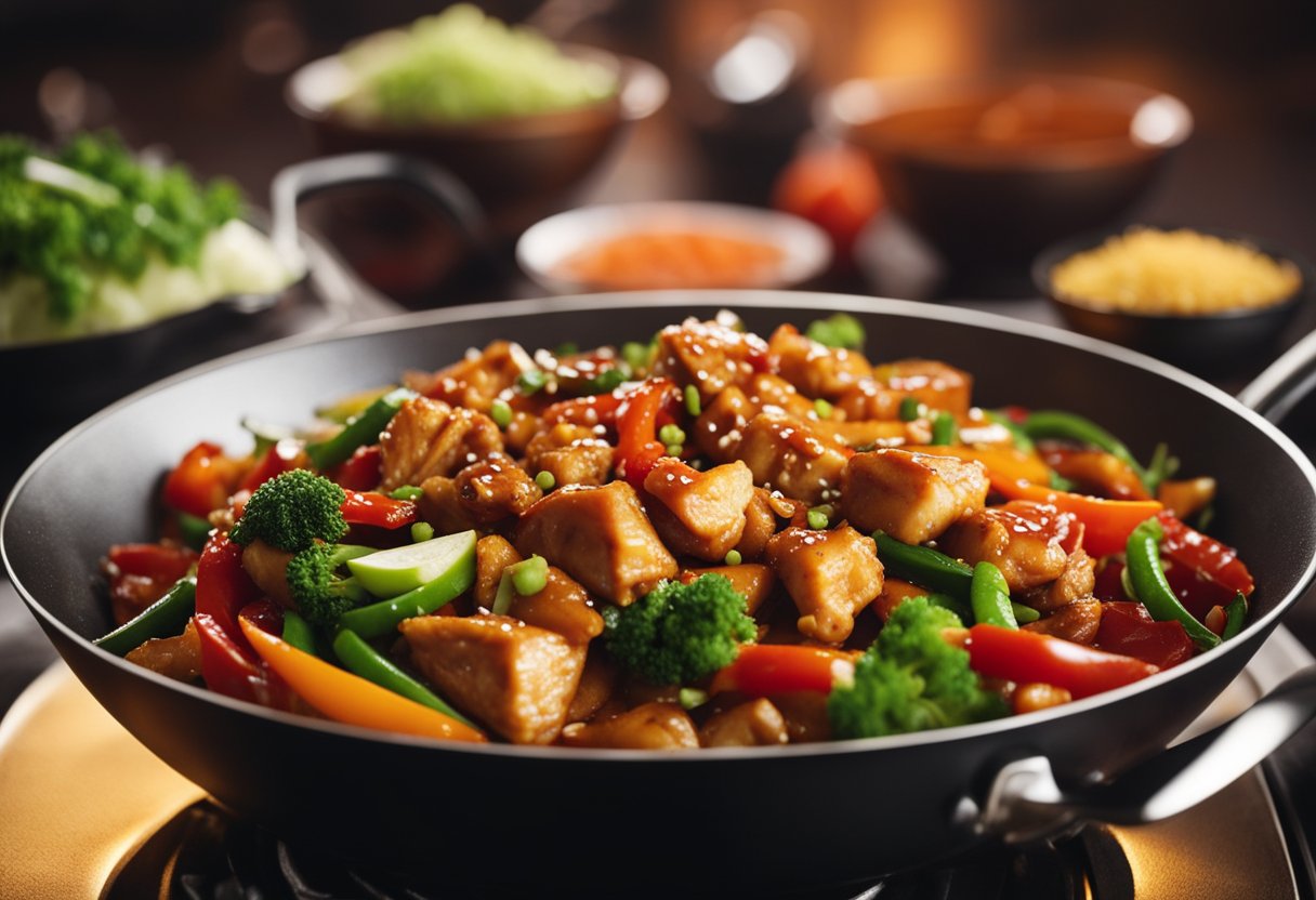 A wok sizzles as Chinese chili chicken simmers in a fragrant sauce. Chopped vegetables and spices wait nearby