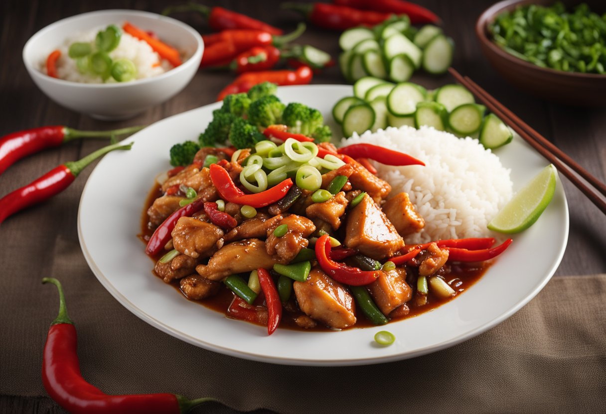 A plate of Chinese chili chicken surrounded by steamed rice and stir-fried vegetables, garnished with sliced green onions and red chili peppers
