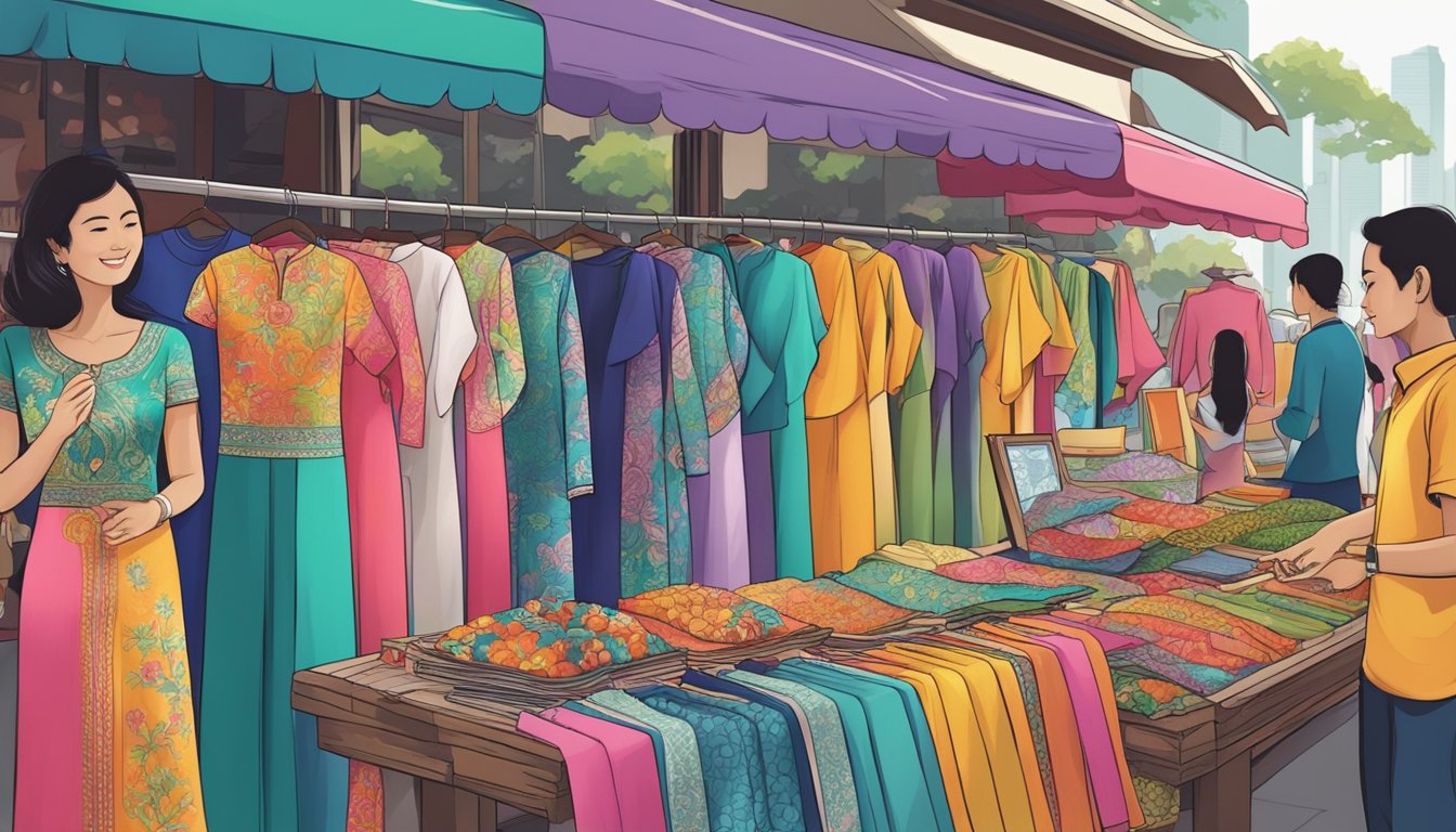 A bustling market stall in Singapore displays colorful baju kurung, attracting customers with its vibrant fabrics and intricate designs