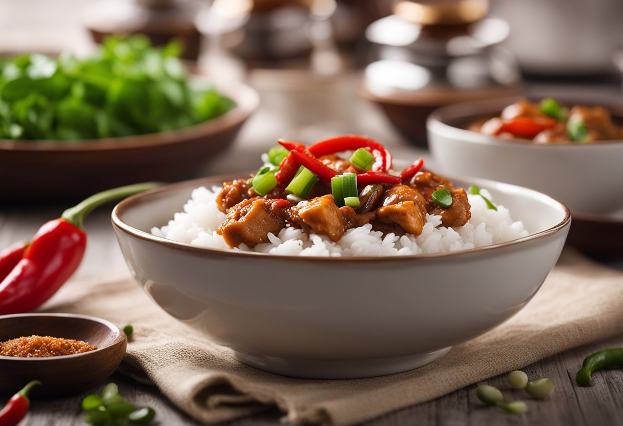 A steaming bowl of Chinese chili chicken gravy with vibrant red peppers and green onions, served over a bed of fluffy white rice
