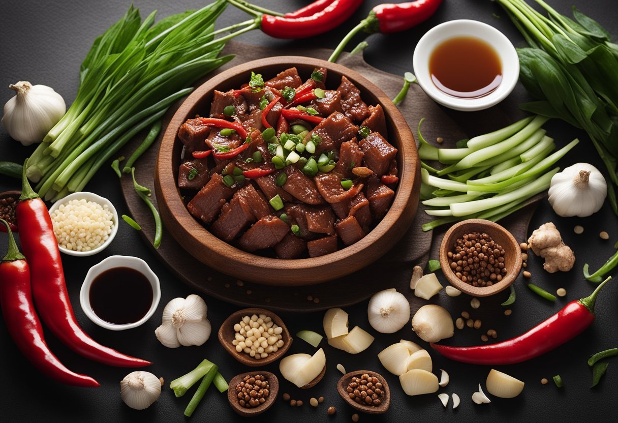 A table with ingredients: beef, chili peppers, soy sauce, ginger, garlic, and green onions