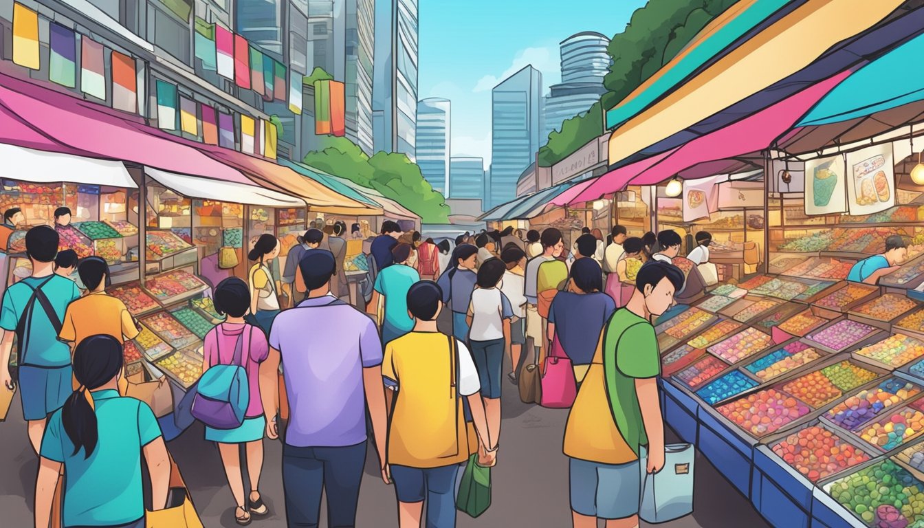A bustling marketplace in Singapore, filled with colorful stalls selling an array of buttons in various sizes, shapes, and materials. Brightly lit displays showcase the vibrant selection, drawing in customers eager to find the perfect button for their project